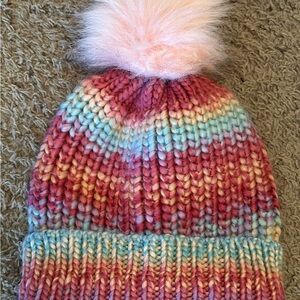 Colorful Knit Hat with Pink Pom-Pom